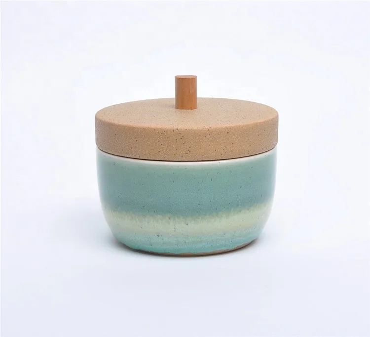 Hot sale kitchen food spice ceramic jar with wooden lid cheap handmade storage canister