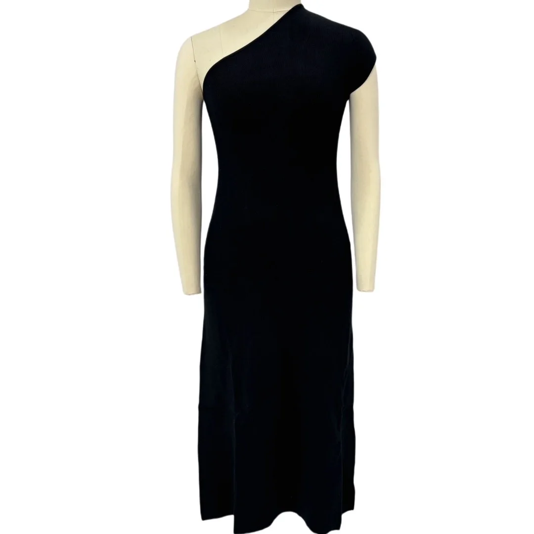 OEM Custom Elegant Evening Wear Asymmetrical Neckline Short Sleeves Knitted Long Dress Summer Autumn Winter