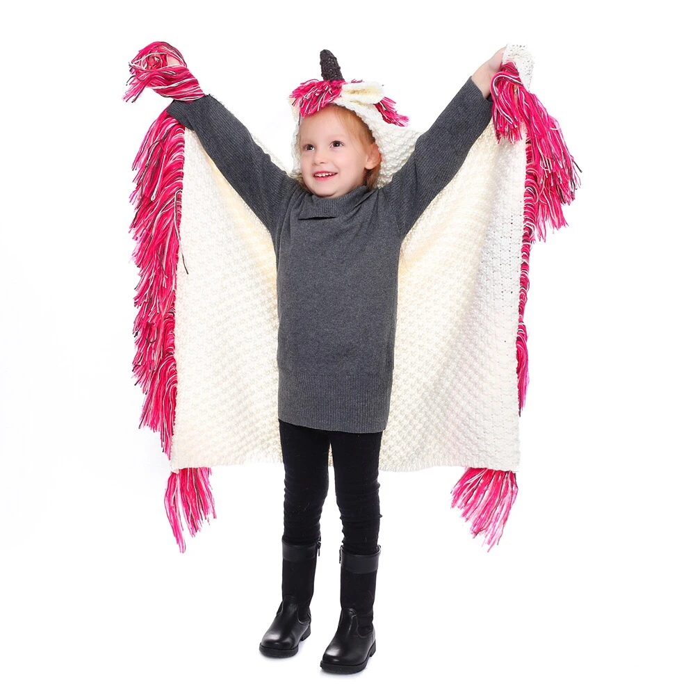 Acki Crochet Cartoon Unicorn Winter Hat with Scarf Pocket Hooded Knitting Beanie Cosplay Photo graphy