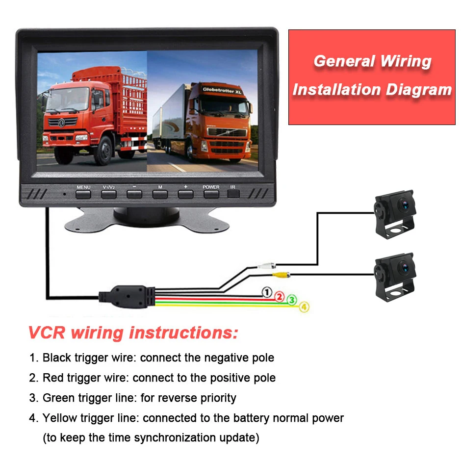 7 Inch 1080P AHD Truck Backup 2 Camera Monitor Waterproof IP68 Truck DVR Function With Reversing Radar Assistance PZ-612 2AHD