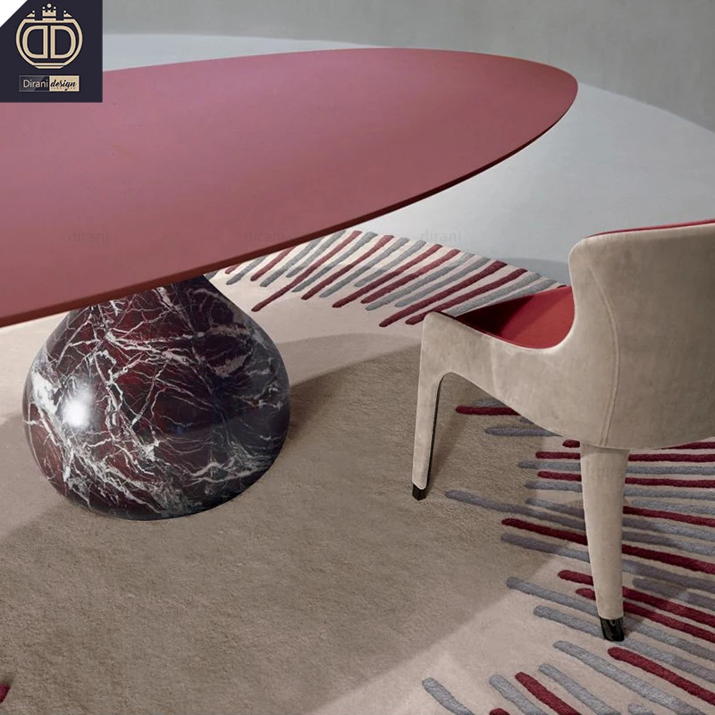 high end red luxury nature marble base wooden top round aqua roche bobois dining table Italian villa