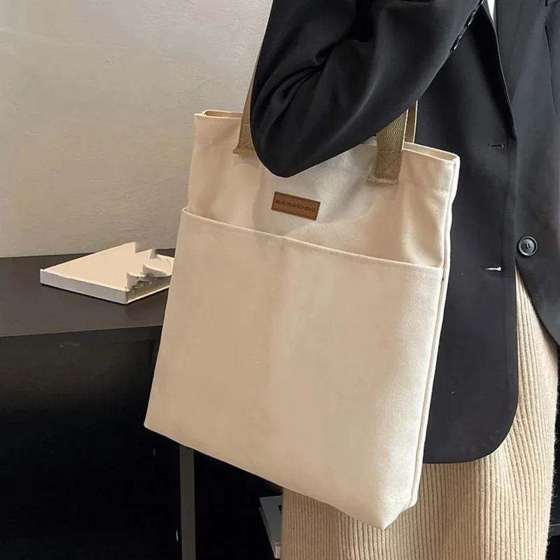New Fashion College Style Custom Large Cotton Canvas Tote Bag with Pockets for Women Shopper and Student Class