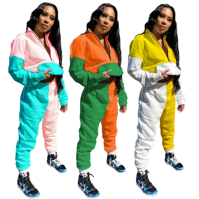 2021 Patchwork Tracksuit Outfits Two Piece Jogger Set Leisure Wear Two Piece Winter Sweat Suit For Women