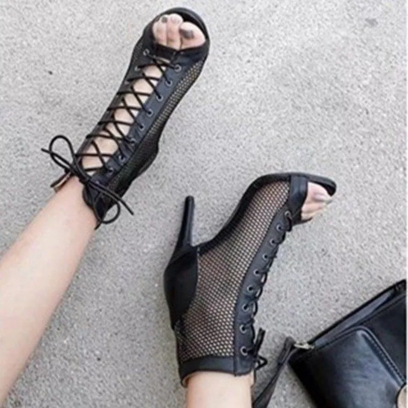 New Design Hollow Mesh High Heel Jazz Fashion Latin Comfort Peep Dance Toe Shoes Women Sandals