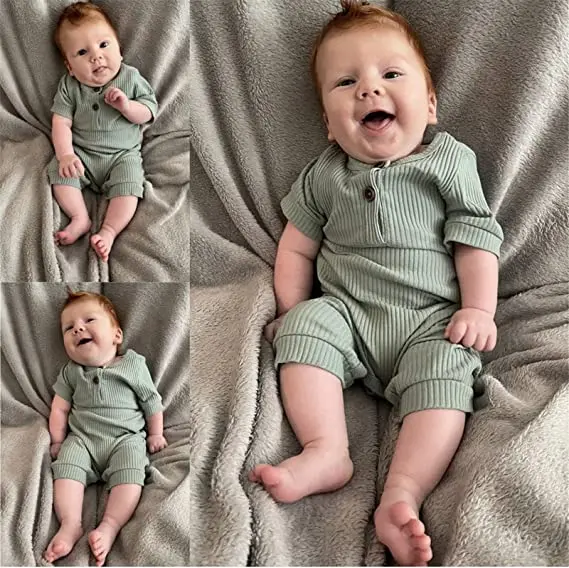 Unisex Natural Soft Ribbed Woven Fabric Snap Newborn Baby Pajama Infant Solid Sleepsuit Romper OEM Short Sleeves Jumpsuit