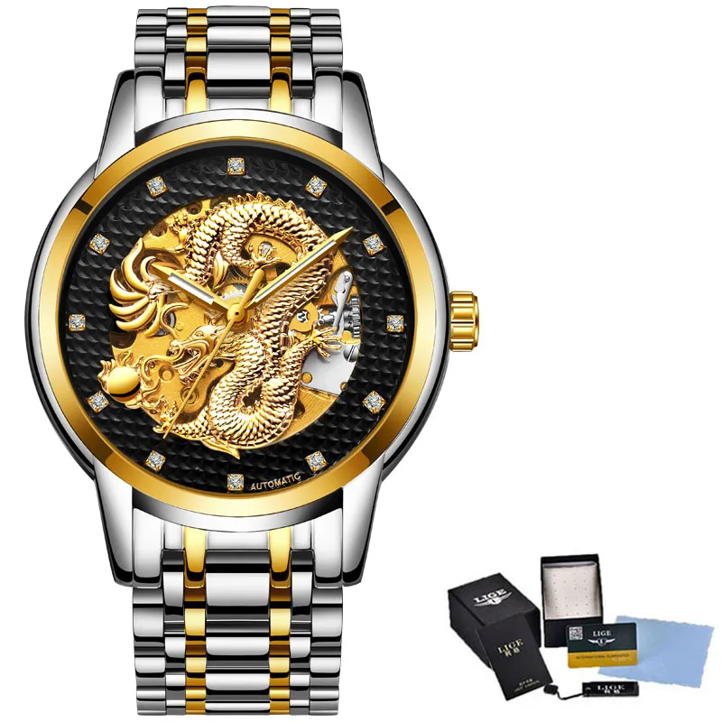 Dragon Skeleton Automatic Mechanical Watches For Men Wrist Watch Stainless Steel Strap Gold Clock 30m Waterproof Mens watch
