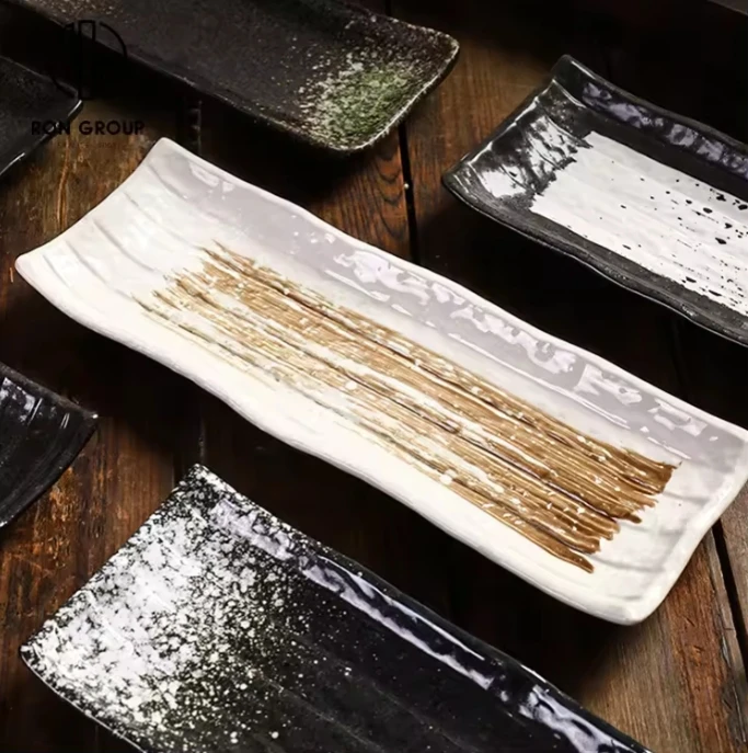 High Quality Luxury Porcelain Rectangular Sushi Tray Japanese Style Unique Color Sushi Restaurant Big Long Boat Ceramic Plates