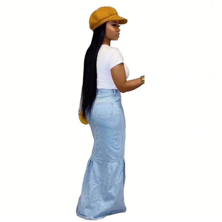 
11AF076 best seller high waist button splicing maxi bud ladies clothing fashion woman denim skirt 