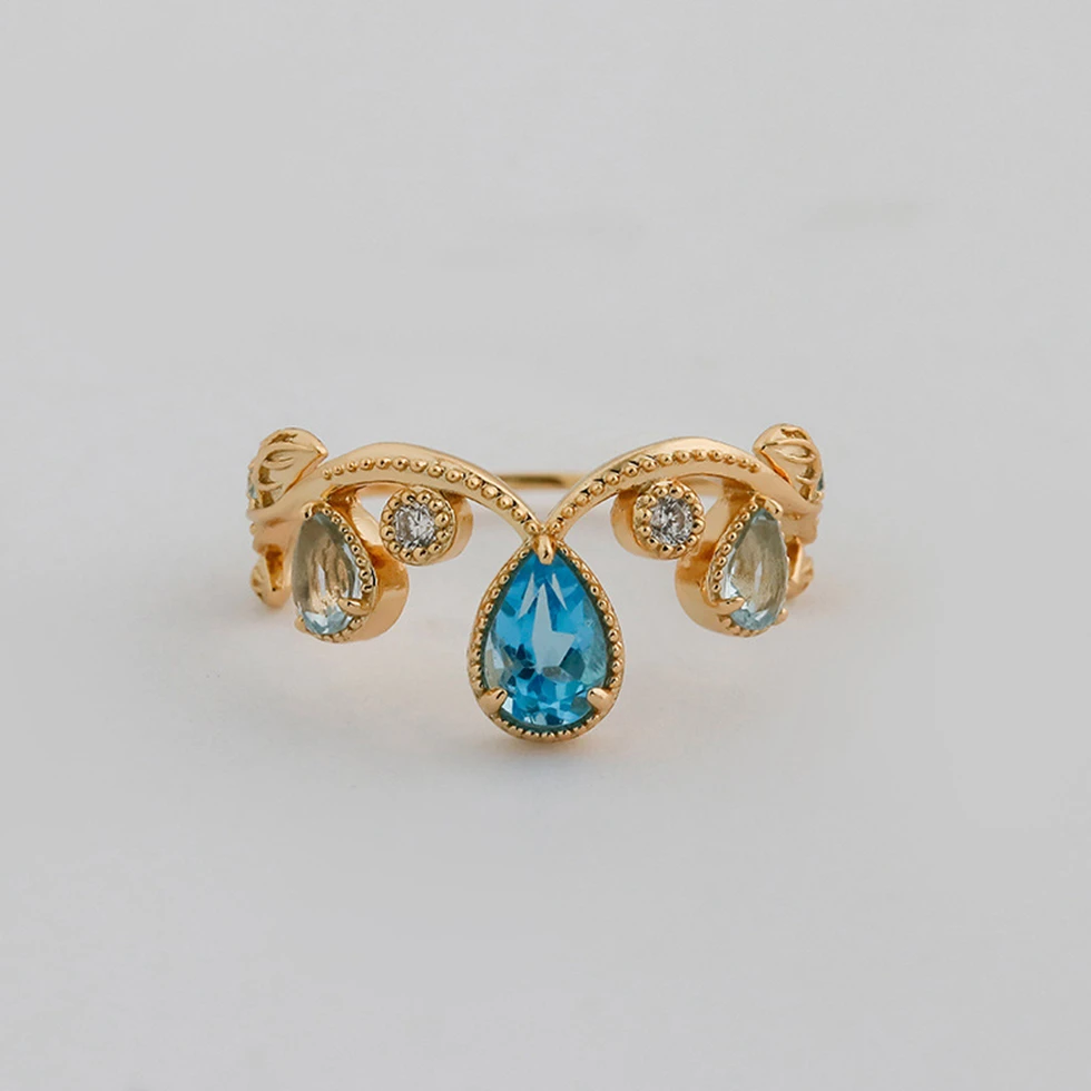 925 Sterling Silver 14K Gold Plated Gemstone Petal Octopus More Topazs Switzerland Sky Blue Topaz Ring