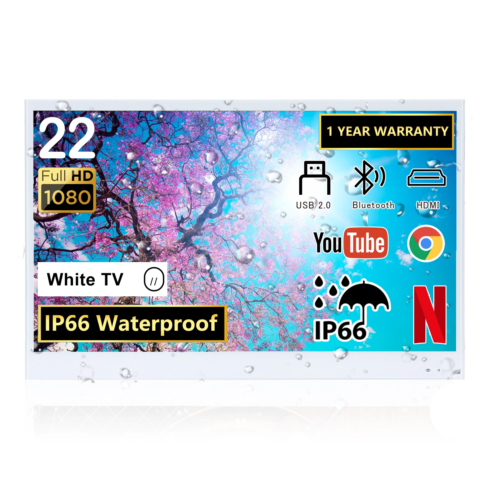 White 22inch Smart Android IP66 Waterproof Bathroom TV Stylish White Design 1080P Full HD with Built-in Wi-Fi and Blue.tooth