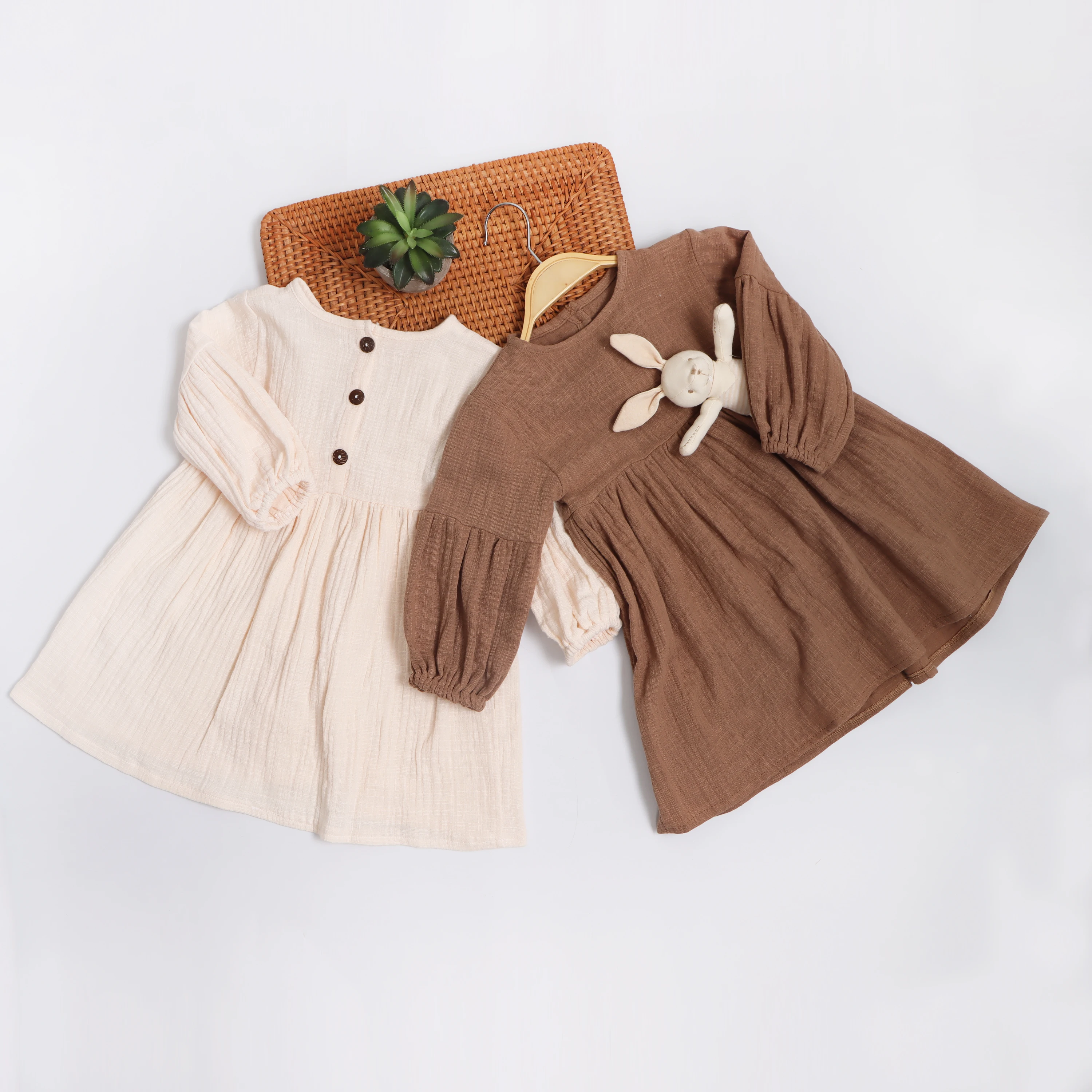 Baby Ruffled Edge Dress Casual Dress Round Neck Button Girl's Outfit Double Yarn Long Sleeved Cotton and Linen Full Children