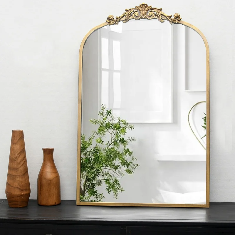 24 x 36 Gold Plated Antique Designer Big Metal Framed Arendahl Traditional Wall Arch Mirror, Baroque Inspired Mirror Wall Decor