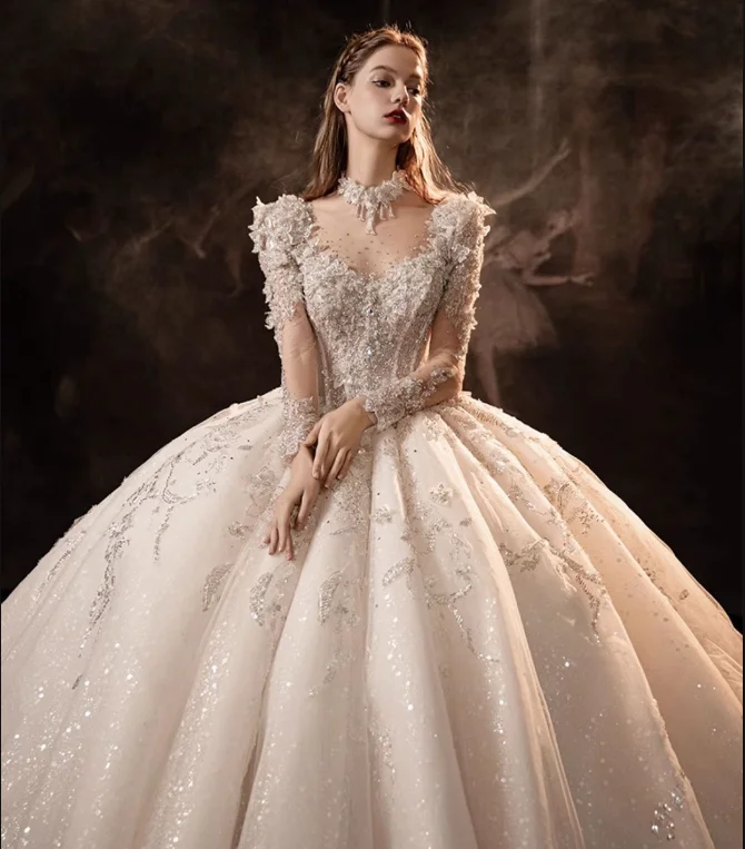 ZX-3025 Wedding dress bride 2024 new runaway princess heavy luxury main yarn long tail style long sleeves