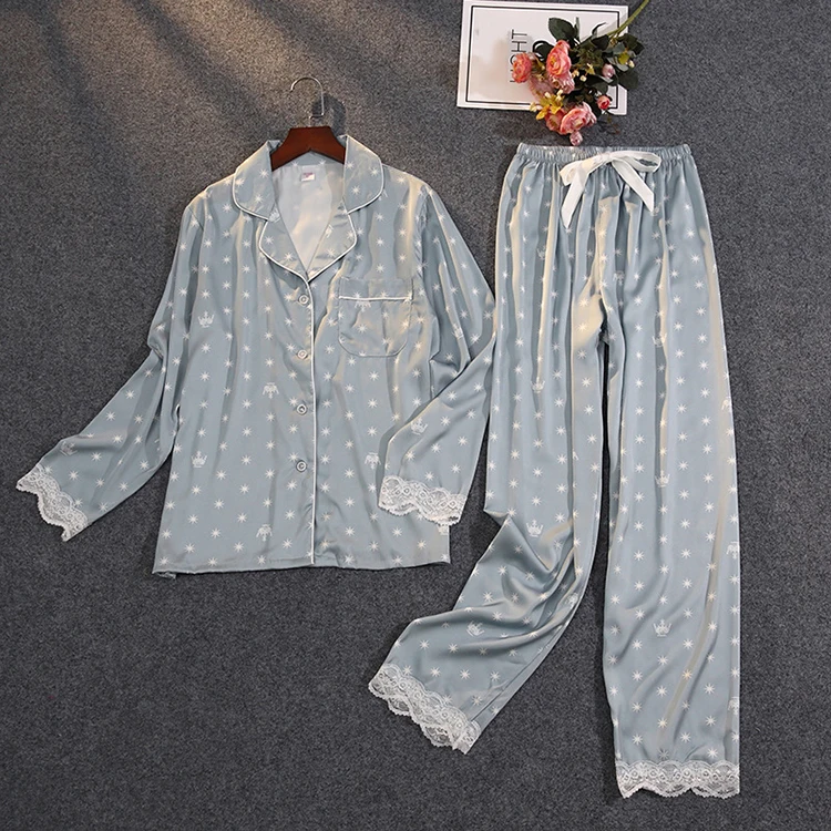 Manufacturer ladies printed sleepwear set satin silk pyjamas