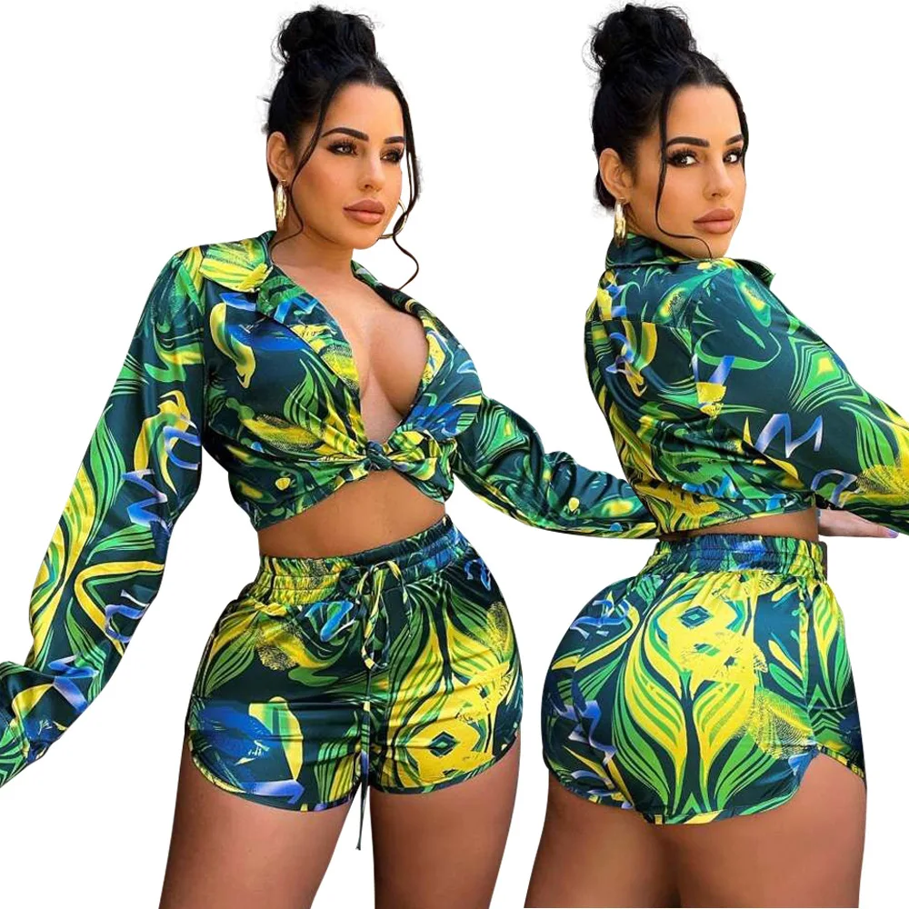 New Stylish Summer Lady Suit Vintage Geometric Printed Long sleeved Blouse Outfit Bandage Tie Women Two Piece Short Set