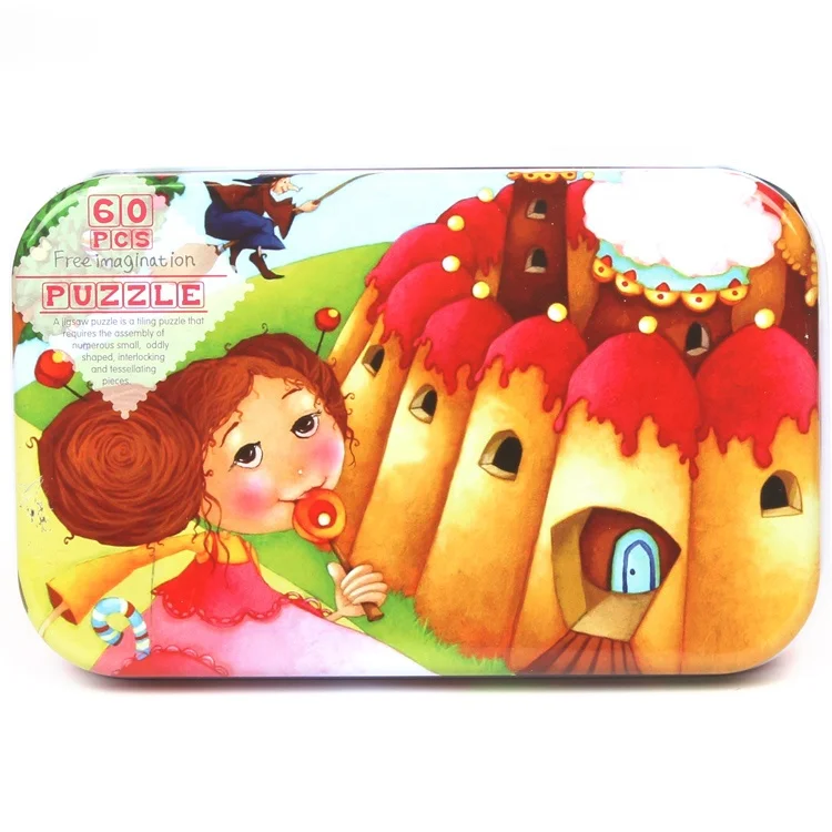 60PCS Wooden Jigsaw Iron Box Set Cartoon Characters Animal Early Educational Puzzle Toy