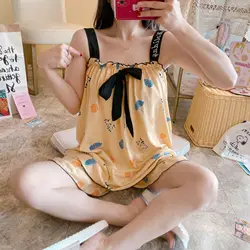 korean Thin sexy two piece sleepwear Sleeveless Sling Pajama Cute sweet girls sleepwear pajamas girls sleepwear