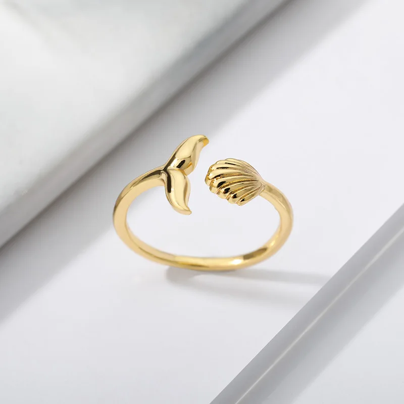 Fashion Brass 18K Gold Plated Jewelry Opening Adjustable Finger Rings Summer Beach Mermaid Whale Tail Rings For Women Girls
