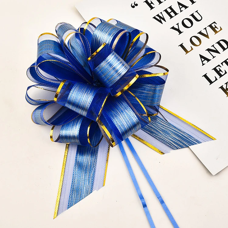 75 cm long Metallic Ribbon for Christmas and Gift packing Organza Pom Pom Fabric Snow Ribb with logo printed