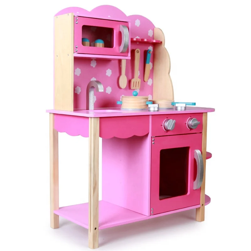 High quality kitchen wooden toys  kids Wooden kitchen toy pink Roleplay kitchen set