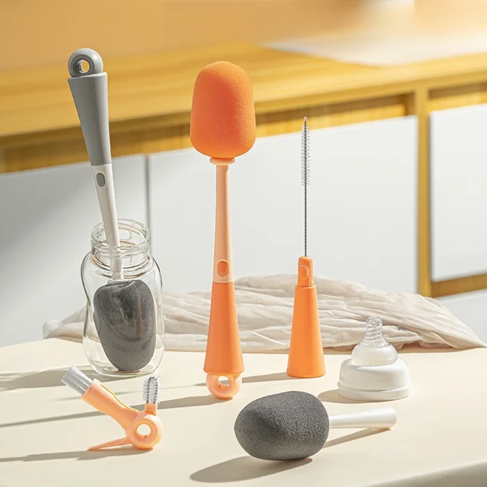 360° Cleaning Nipple Brush No Dead Corner Bottle Brush Cleaner 5-in-1 Multi-functional Silicone Baby Bottle Brush Cleaner