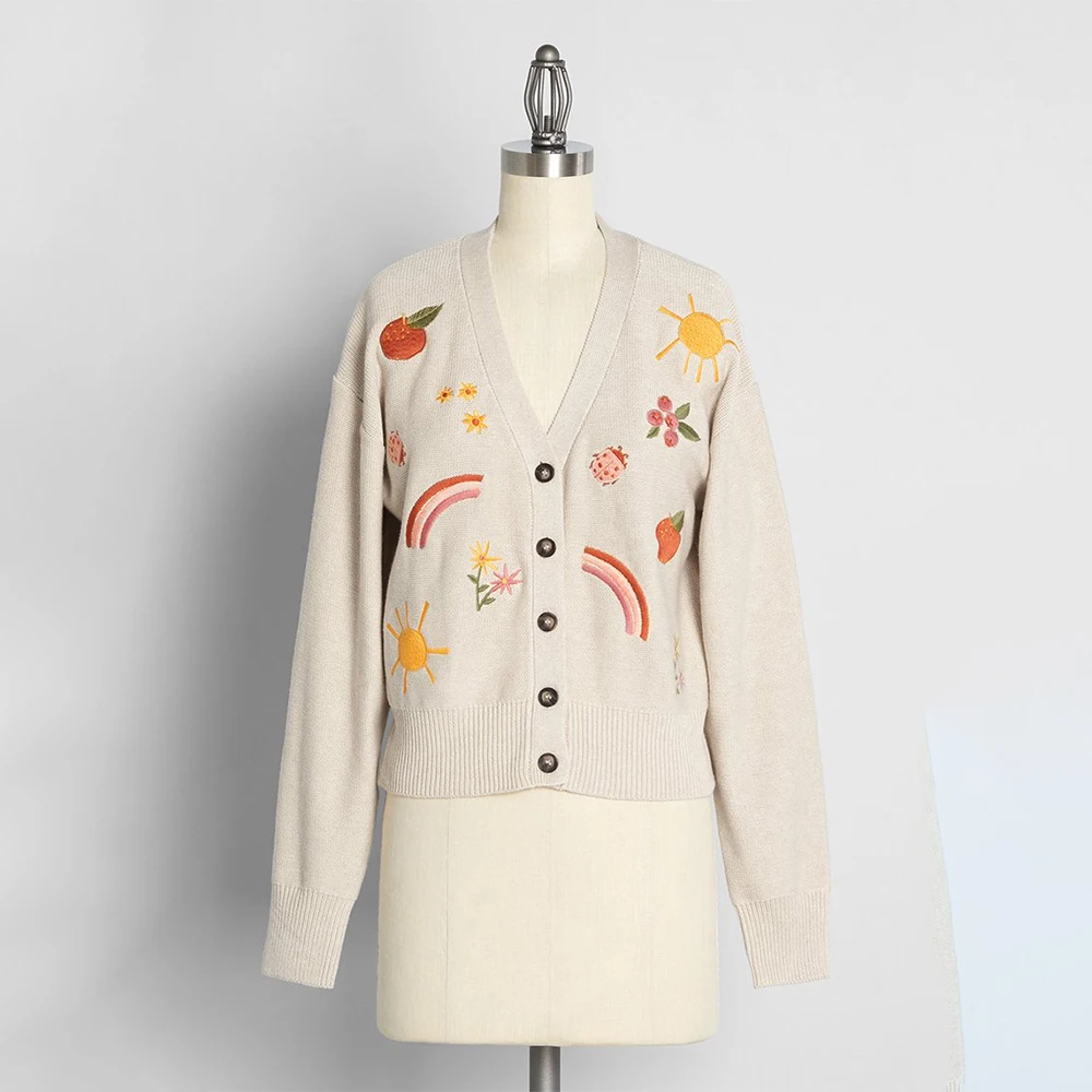 Guoou Knitwear Newly Design Sweaters Women Cardigans Knit Cardigan Knitted Cashmere Wool Cardigan Sweater Embroidery Standard