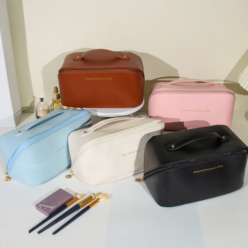 Custom Makeup Bag Portable PU Leather Waterproof Toiletry Pouch Travel Make up Bag Multifunctional Brush Cosmetic Bag for Women