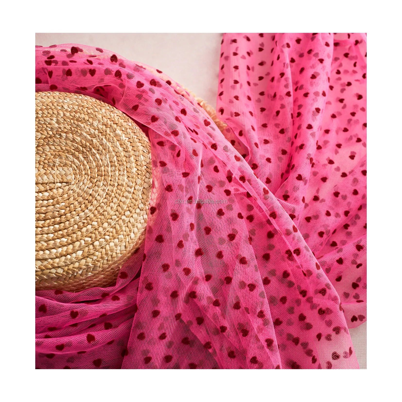 Tulle Fabric Manufacturing Illusion Soft Mesh Fabric Pink Love Hearts Flocked Tulle Fabric For Girls Dress