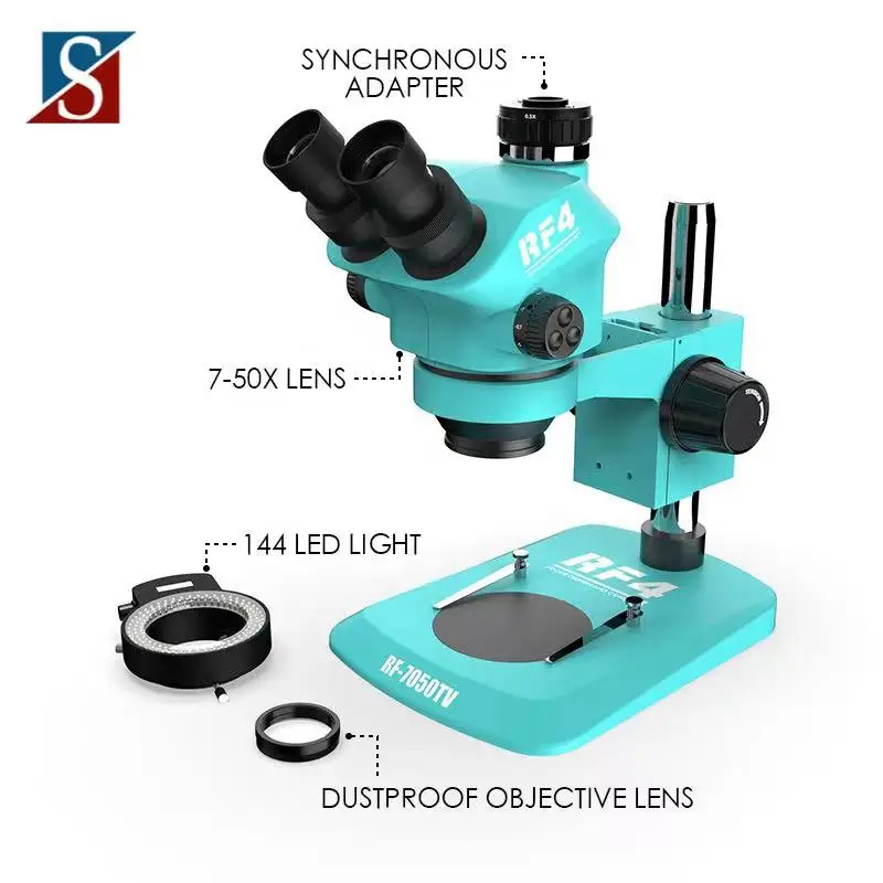 Factory price RF4 RF7050TV stereo trinocular Microscopio Pcb Bga mobile repair 144 LED light 7-50X microscopes