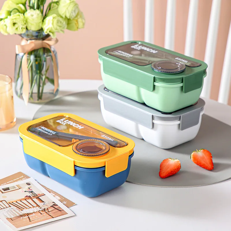 2024 New 2 Compartment Divided Portable School Office Plastic pp Bento Lunch Box for Children.with Lids for Sauce
