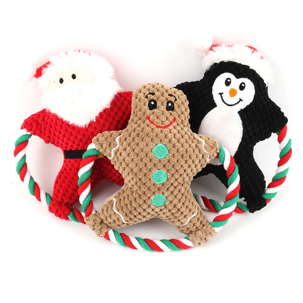 Hot Selling Durable Rope Dog Chew Toys Interactive Squeaker Toy Christmas Gifts For Dogs Santa Claus Gingerbread Man Pinguin