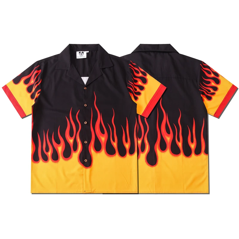 
Fashion brand short sleeve shirt with loose lapel and flame print for European and American couples in spring and summer 