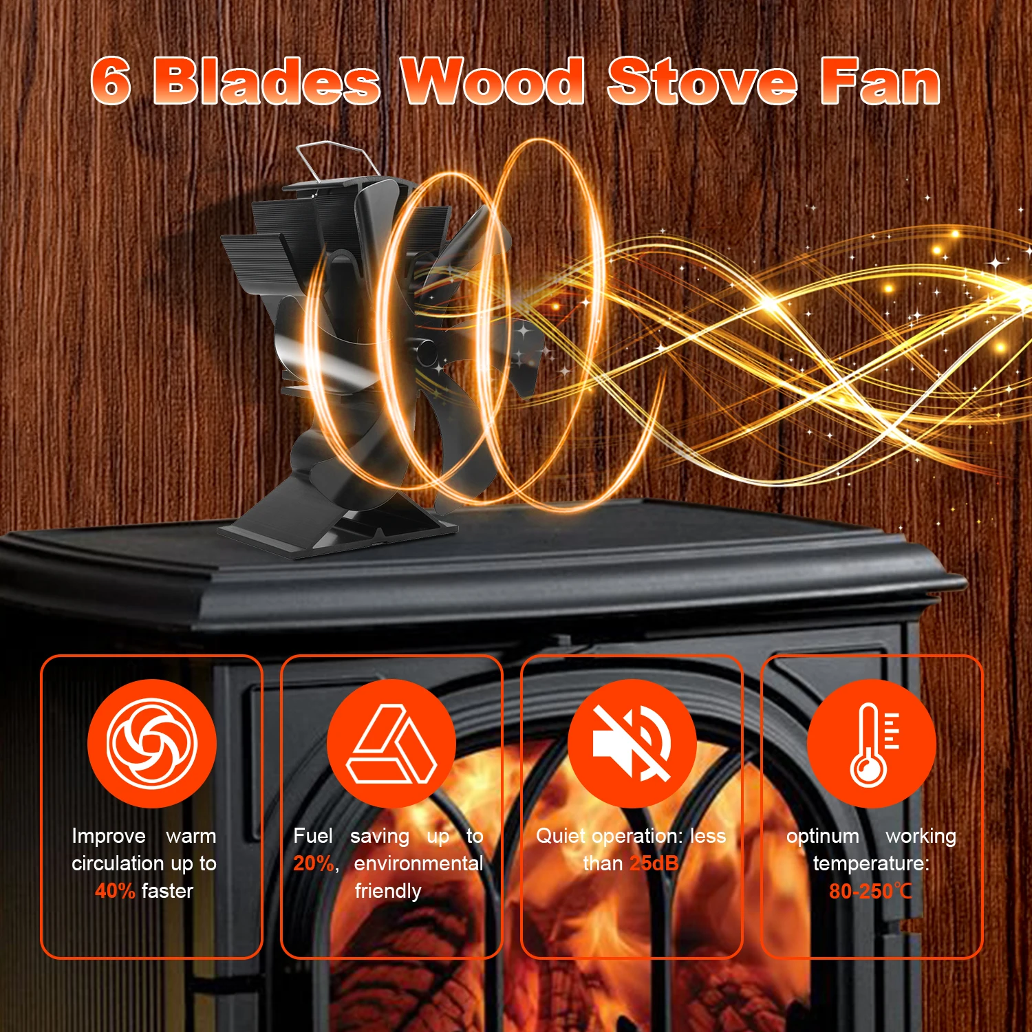 Wood Stove Fan Heat Powered 6 Blades Fireplace Fan Heat Stove Top Fan