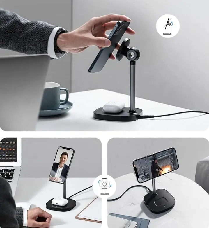 Aluminum Fast Charging Stand Wireless Phone Charger Station Dock for iPhone 15W 3 in 1 Magnetic wireless charging lamp