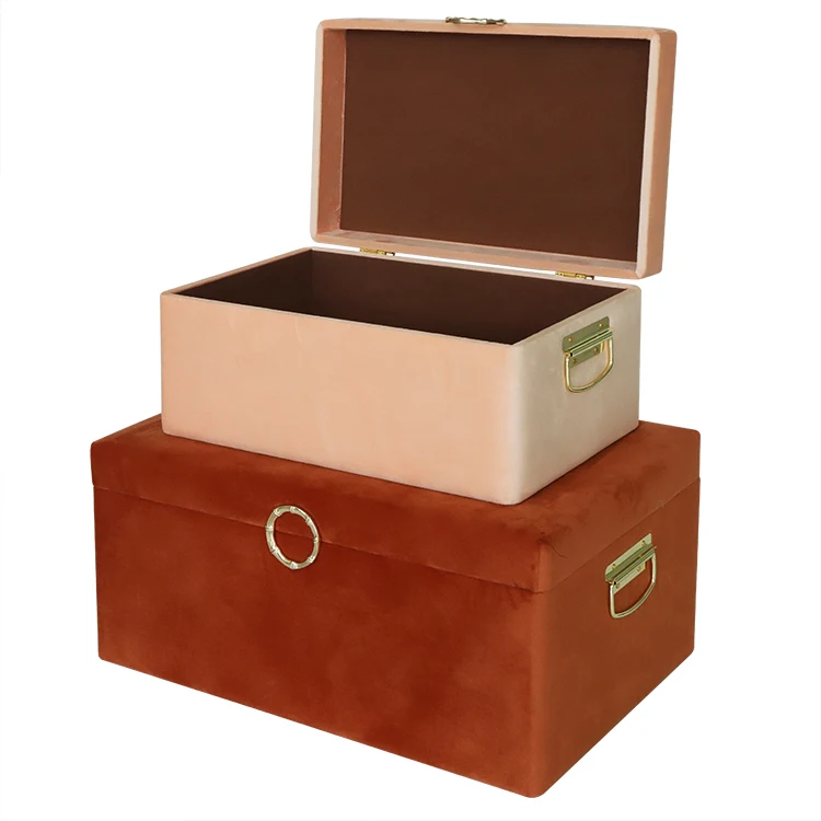 Set of 2 brown and peach fuzz travel trunks velvet storage trunk with gold metal handle
