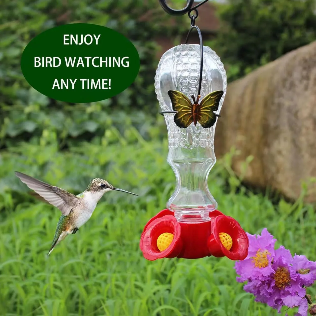 OEM/ODM Purple Glass Hummingbird Feeder for Outdoors Wild Bird Feeder with 6 Feeding Ports Hanging for Garden Yard