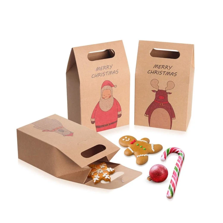 Brown Kraft Paper Christmas Treat Bag Snack Cookies Candy Box Santa Claus Xmas Gift Bag Wrap Tapered Tote
