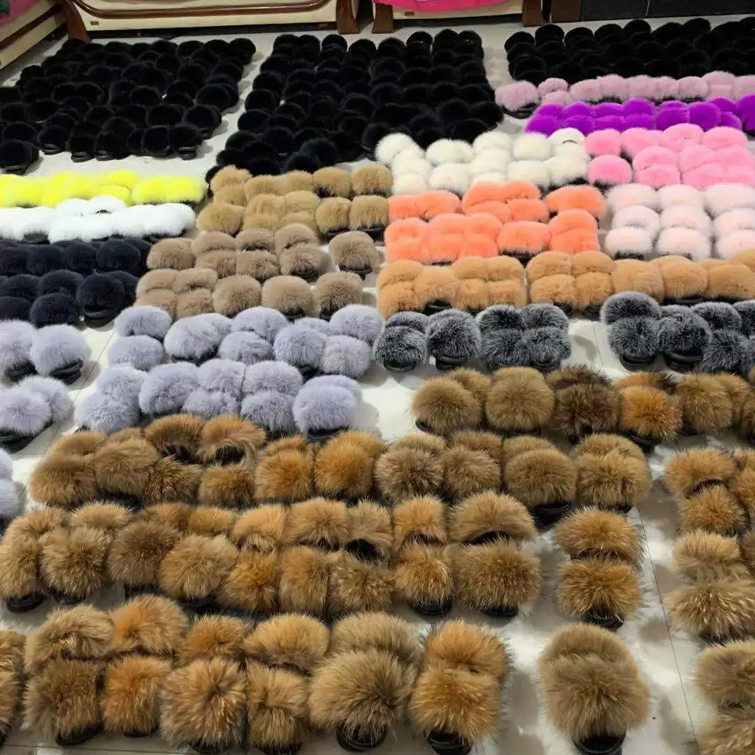 
Wholesale Usa Furry Fluffy Fox Raccoon Mink Fur Slides Vendors And Fur Slippers Sandals For Women Toddler Baby Kids 