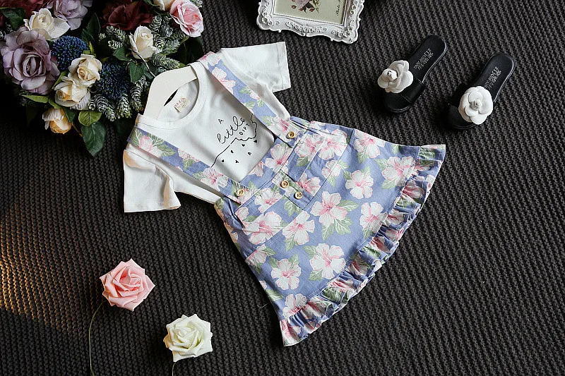cheap wholesale china clothing kids Small and medium girls clothes set watermelon T-shirt floral strap short skirt 2 piece suit