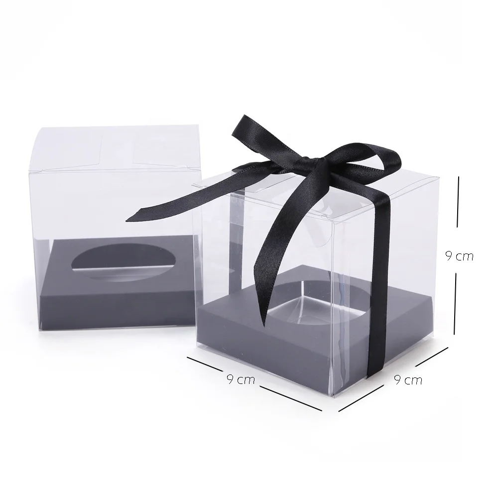 Gold Ribbon Transparent Square PET Cupcake Boxes Clear Muffin Cake Packing Box for Business Wedding Party Packaging