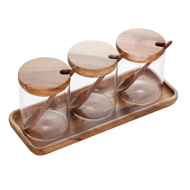 3 Pack Clear Glass Seasoning Jar with Wooden Lid and Wooden Spoon Adorable Sugar Bowl Bath Salt Storage Jar Seasoning Container