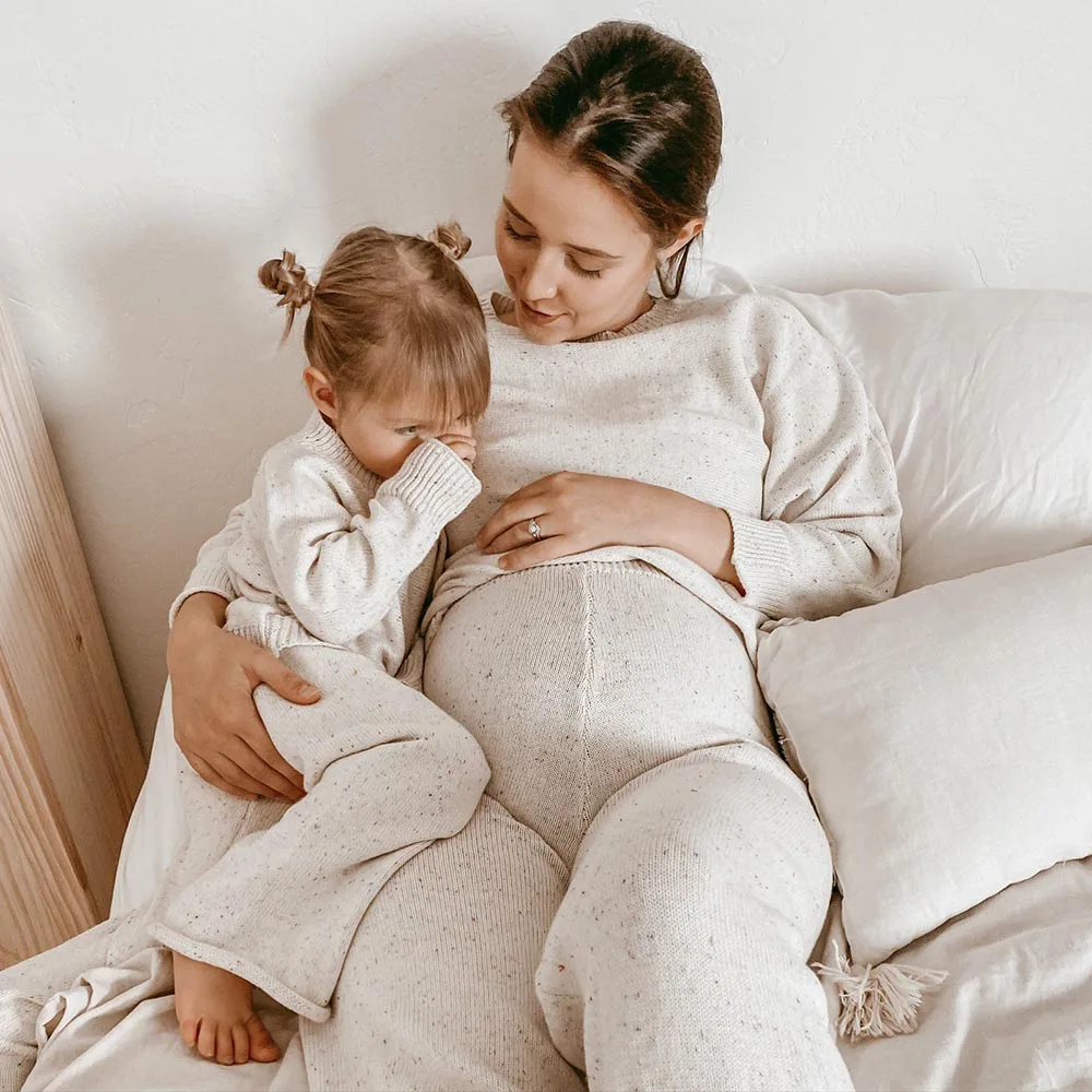 Custom LOGO Summer fall winter mommy and me family matching outfits lounge clothes sprinkle knit baby speckled Set kids sweater