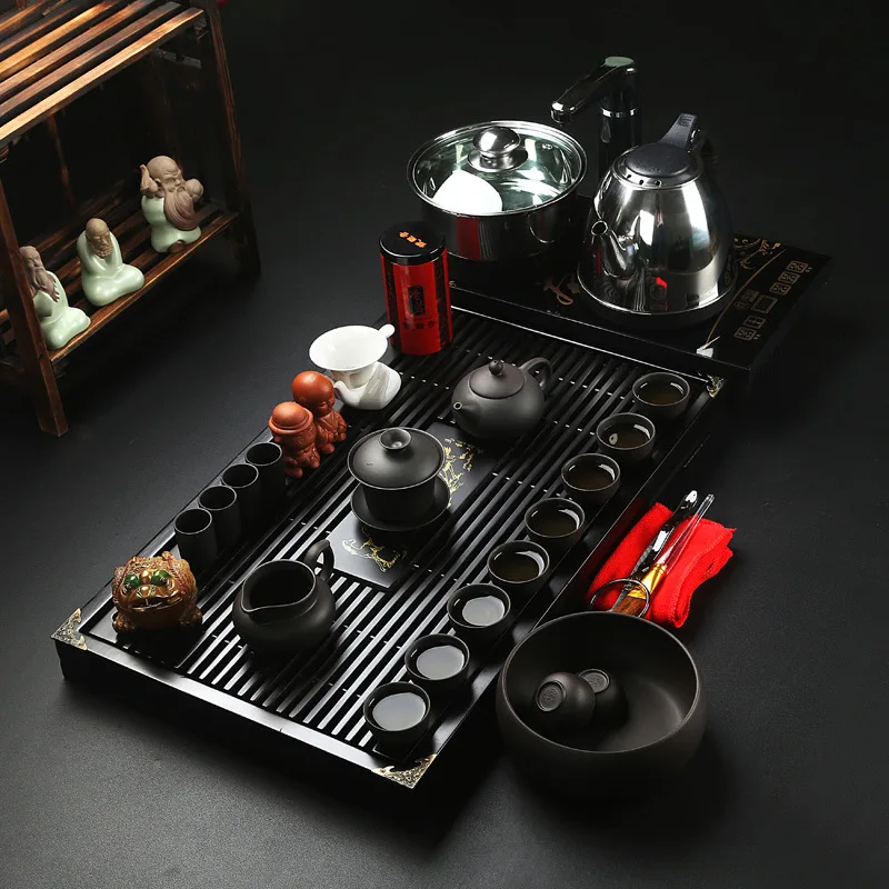 100% деревянный чайный поднос с индукционной плитой, китайский классический чайный столик gongfu