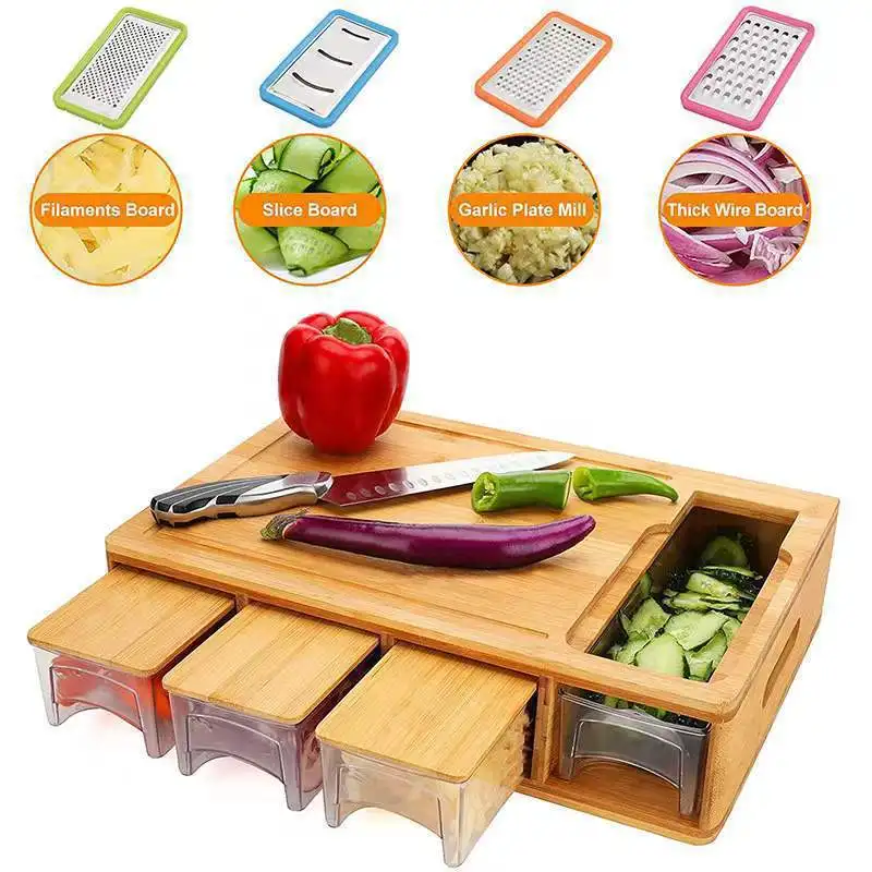 Bamboo cutting boards with 3 storage box kitchen chopping board with juice groove drawer cutting board with grater