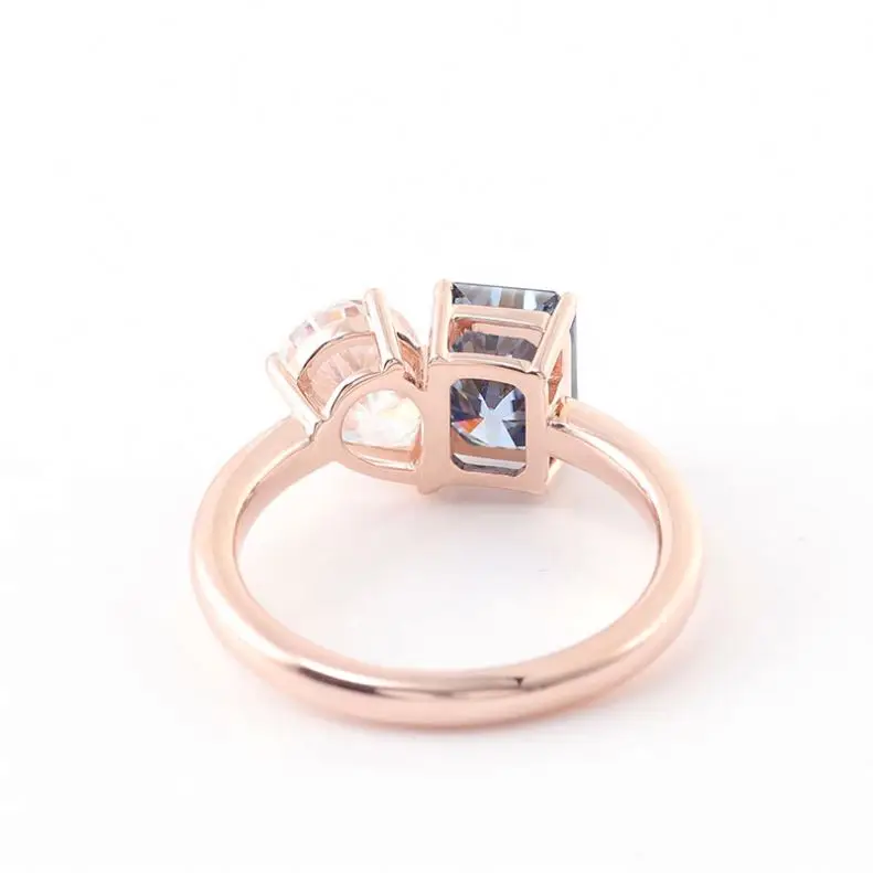 Custom 14k Rose Gold DEF Pear Cut Moissanite & 2ct Carat Radiant Cut Blue Grey Moissanite Double Diamond Wedding Ring For Bridal