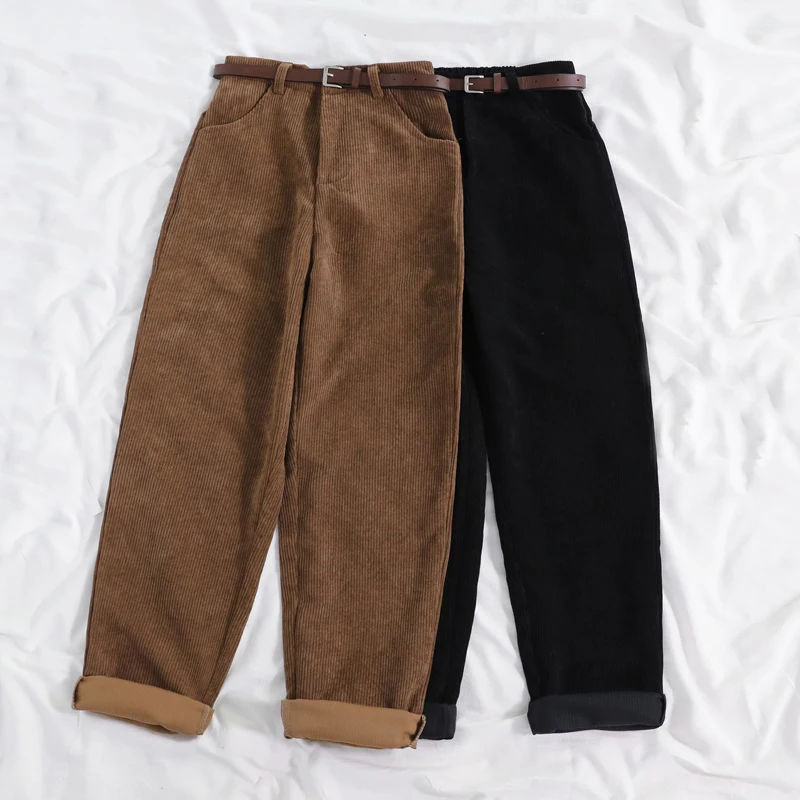 plus size pants Women Corduroy Pants winter High Waist Vintage Korean Wide Leg Pants Elegant Belt Loose warm Streetwear