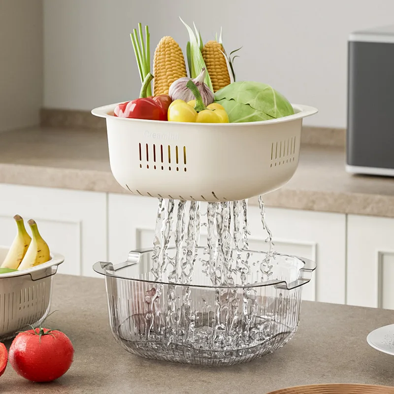 Large Square Double Wash Drain Fruit and Vegetable Basket with drain board for Kitchen