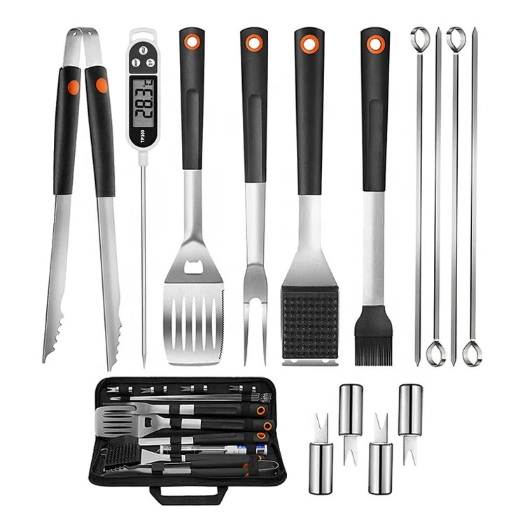 Идеальный набор для гриля из нержавеющей стали с сумкой для хранения для кемпинга, 15 шт. принадлежностей для гриля, набор инструментов с термометром для мяса