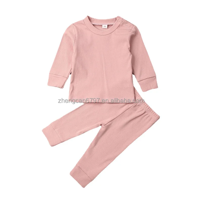 Cotton Pajama Baby Solid Knit Ribbed Two Piece Set Long Sleeves Top Pants Kids Suit For Boys