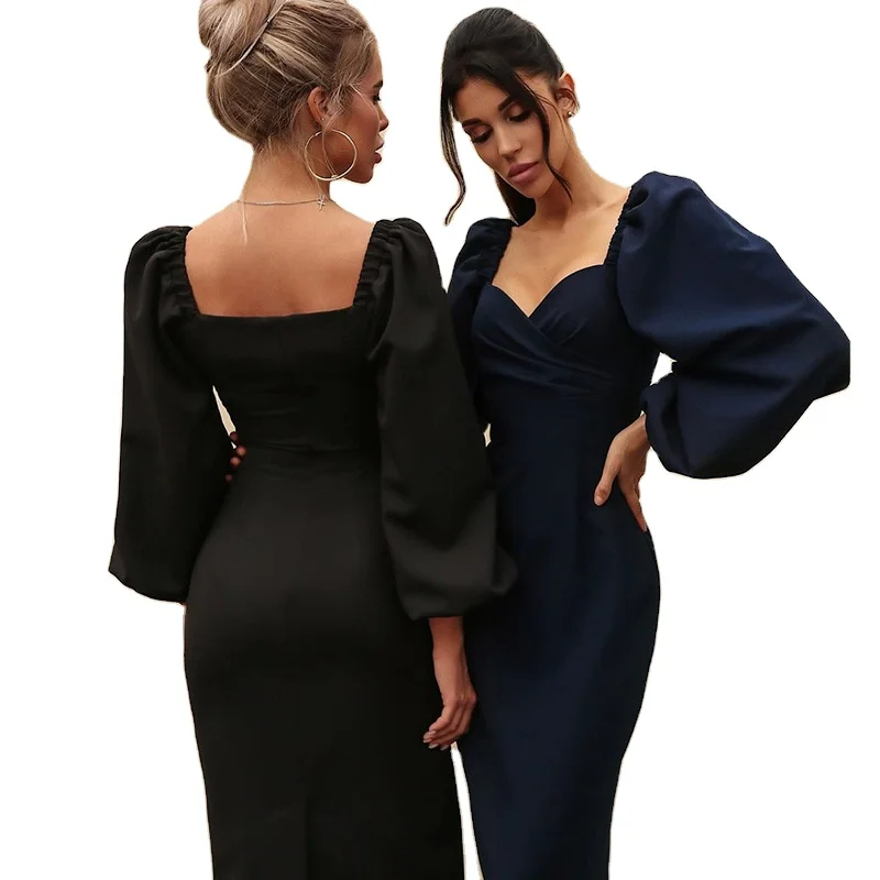 
2021the US new pengpeng sleeve square collar dress female fall one word shoulder sexy dew back temperament show thin slim 